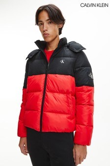 Calvin Klein Mens Black Colourblock Hooded Puffer Jacket