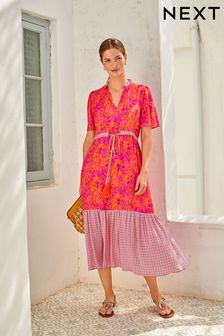Pink Floral - Notch Neck Midi Dress (T14290) | MYR 225