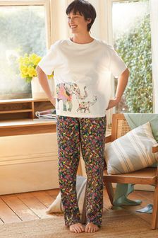 White Floral Elephant Cotton Short Sleeve Pyjamas (T14512) | ₪ 77