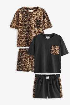 Noir/imprimé animal - 2 ensemble de pyjamas courts en coton (T14569) | €31