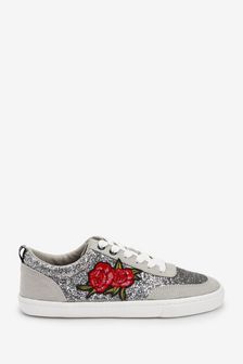 Silver Forever Comfort® Floral Glitter Lace-Up Trainers (T14946) | ₪ 130