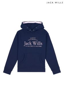 Bluză de trening cu glugă care se trage peste cap și logo text Jack Wills albastră (T15797) | 200 LEI - 234 LEI