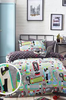Grey Skateboard Duvet Cover and Pillowcase Set with Colour Changing Print (T16199) | €20