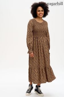 Sugarhill Brighton Latisha Tan Animal Floral Print Shirred Brown Dress (T16853) | €46