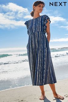 Navy Stripe Frill Sleeve Summer T-Shirt Dress (T16917) | $45