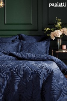 Paoletti Navy Blue Palmeria Quilted Velvet Duvet Cover and Oxford Border Pillowcase Set (T18001) | $82 - $159