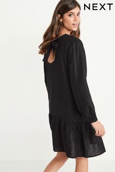 Black Linen Blend Tie Back Mini Summer Dress (T19659) | $45