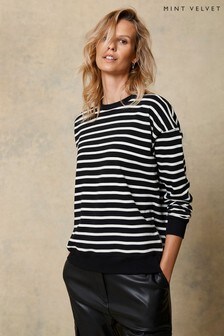 Mint Velvet Gestreiftes Sweatshirt mit Reißverschluss, Schwarz (T19828) | 27 €