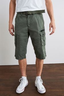 Khaki Green - Long Length Belted Cargo Shorts (T20205) | €42