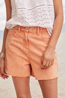 Orange délavé à l'acide - Short en jean taille haute à ourlet brut (T20236) | €6