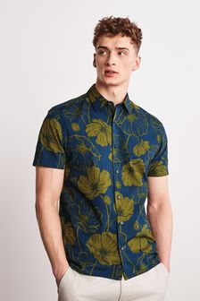 海軍藍/綠色花紋 - 普通款 - 印花短袖襯衫 (T20444) | HK$246