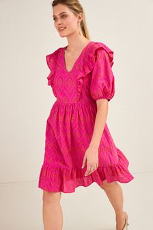 Bright Pink - Broderie Ruffle Dress (T20580) | kr591