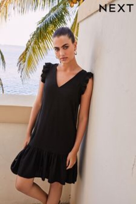 Zwart - Linnen mini-jurk met ruchemouwen en gestrikte achterkant (T20581) | €25