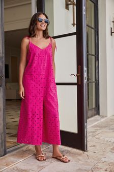 Pink Broidery Wide Leg Strappy Jumpsuit (T20771) | 285 QAR