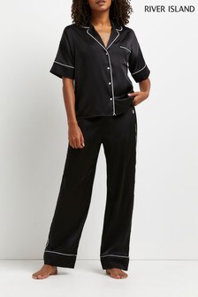 River Island Black Piped Branded Pyjamas Trouser