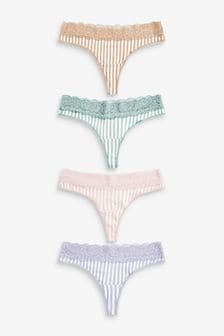 Stripe Thong Lace Trim Cotton Blend Knickers 4 Pack (T21464) | 17 € - 19 €