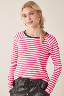 White/Pink Stripe Raglan Long Sleeve Top (T22316) | $30