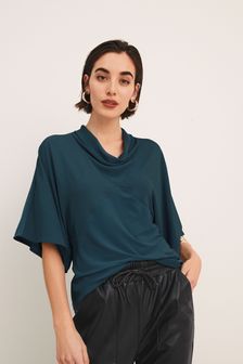 Teal Blue Cowl Neck Short Sleeve Top (T22439) | ₪ 76
