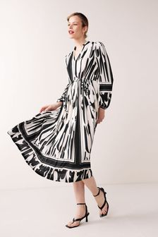 Black/White - Tie Long Sleeve Midi Summer Dress (T22593) | MYR 219