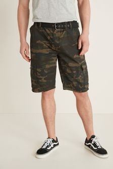 Khaki Green Camo Belted Cargo Shorts (T22772) | AED106
