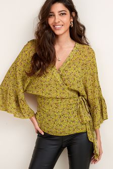 Ochre Yellow Floral Wrap Kimono Top (T22820) | ₪ 105