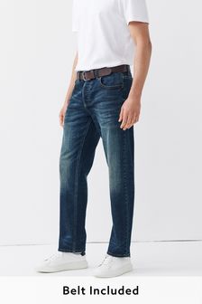 Dark Blue Tint Straight Fit Belted Jeans (T22828) | 15,740 Ft