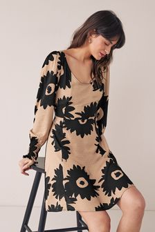 Brown Neutral Floral Tea Dress (T22937) | $42