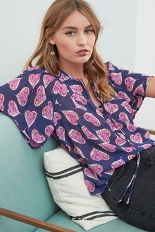 Navy Blue/Pink Heart Print Flutter Sleeve T-Shirt (T22939) | $25