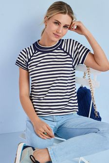 Rayas blanco/azul marino - Camiseta con mangas raglán y bajo abullonado (T23228) | 11 €