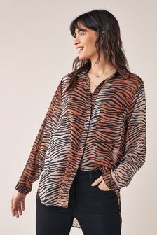 Brown Animal Sheer Longline Shirt (T23353) | €7
