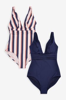 Navy Stripe/Navy 2 Pack Tummy Control Plunge Swimsuits (T24531) | $94