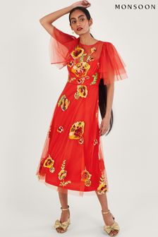 Rdeča okrašena srednje dolga obleka Monsoon Claudia (T24907) | €94