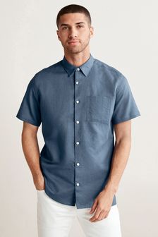 כחול כהה - חולצה מתערובת פשתן וכותנה עם שרוולים קצרים (T24985) | ‏89 ₪