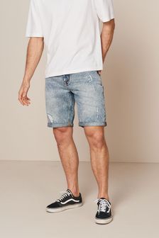 משופשף עם קרעים - גזרה ישרה - מכנסי ג'ינס קצרים (T25229) | ‏80 ₪