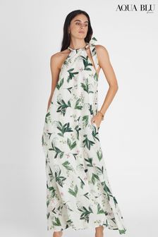Aqua Blu Green Lily Print Jennifer Halter Neck Maxi Dress (T25252) | €141
