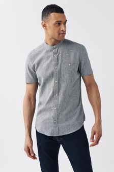 Charcoal Grey Grandad Collar Cotton Linen Blend Short Sleeve Shirt (T26039) | $42