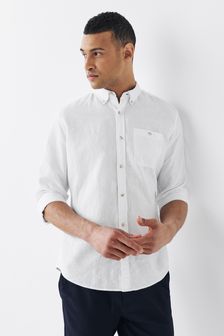 Blanco - Camisa de mezcla de lino y algodón con manga vuelta (T26041) | 32 €