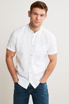 Weiß - Grandad-Kragen - Kurzärmliges Hemd aus Baumwoll-Leinenmischung (T26043) | 36 €