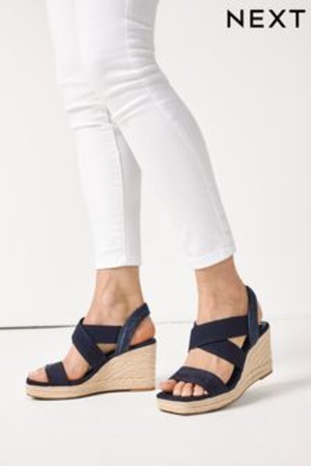 Navy Blue Extra Wide Fit Forever Comfort® Elasticated Cross-Over Espadrille Wedges (T27289) | 51 €