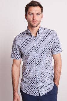 Navy Blue Geometric Regular Fit Short Sleeve Trimmed Shirt (T28138) | R500