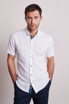 White Regular Fit Short Sleeve Trimmed Linen Blend Shirt (T28148) | $48