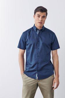 Blue Navy Regular Fit Short Sleeve Trimmed Linen Blend Shirt (T28149) | DKK265