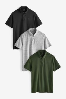 Black/Grey/Khaki Green Jersey Polo Shirts 3 Pack (T28190) | €41
