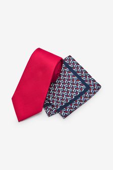 Red Geometric Wide Tie, Pocket Square And Tie Clip Set (T28284) | €20