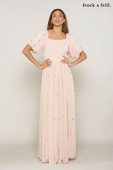 שמלת מקסי מעוטרת עם כיווצים ושרוולים תפוחים בצבע וורוד של Frock And Frill (T28542) | ‏629 ₪