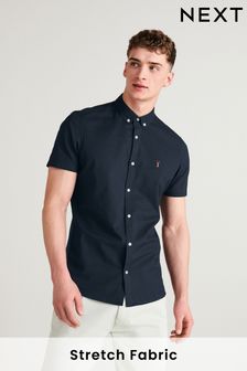 Navy Blue Short Sleeve Stretch Oxford Shirt (T28894) | 69 zł