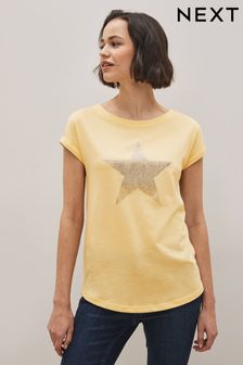 Yellow Embellished Graphic Star Short Sleeve Crew Neck T-Shirt (T29056) | 47 zł