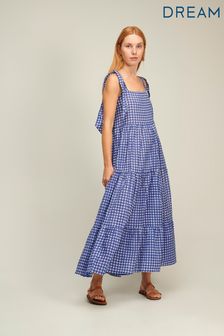 Dream Blue Check Capri Tie Strap Tiered Maxi Dress (T29665) | €101