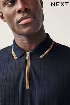 Navy Blue Textured Long Sleeve Polo Shirt (T29877) | 86 QAR