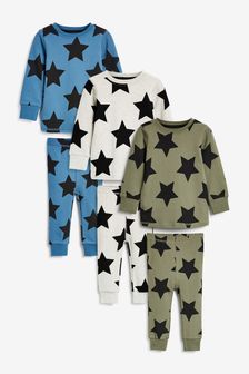 Khaki Green/Blue Star 3 Pack Snuggle Pyjamas (9mths-12yrs) (T29968) | €26 - €36